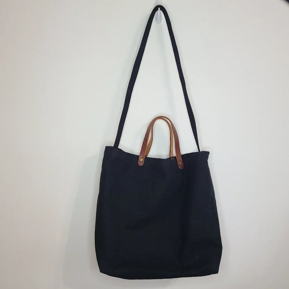 Black Canvas Tote Bag with Brown Leather Handles - Picture 2 of 8